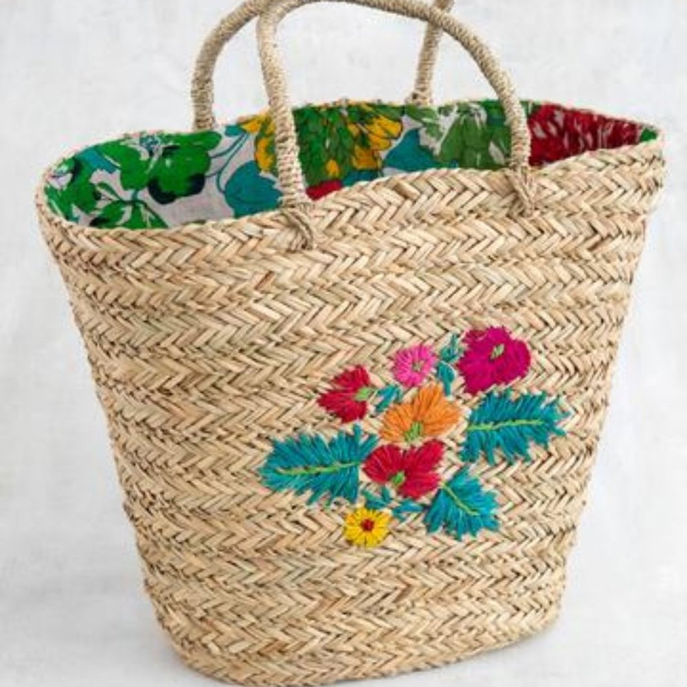 NWT- Adorable Straw Beach Tote with Floral Lining